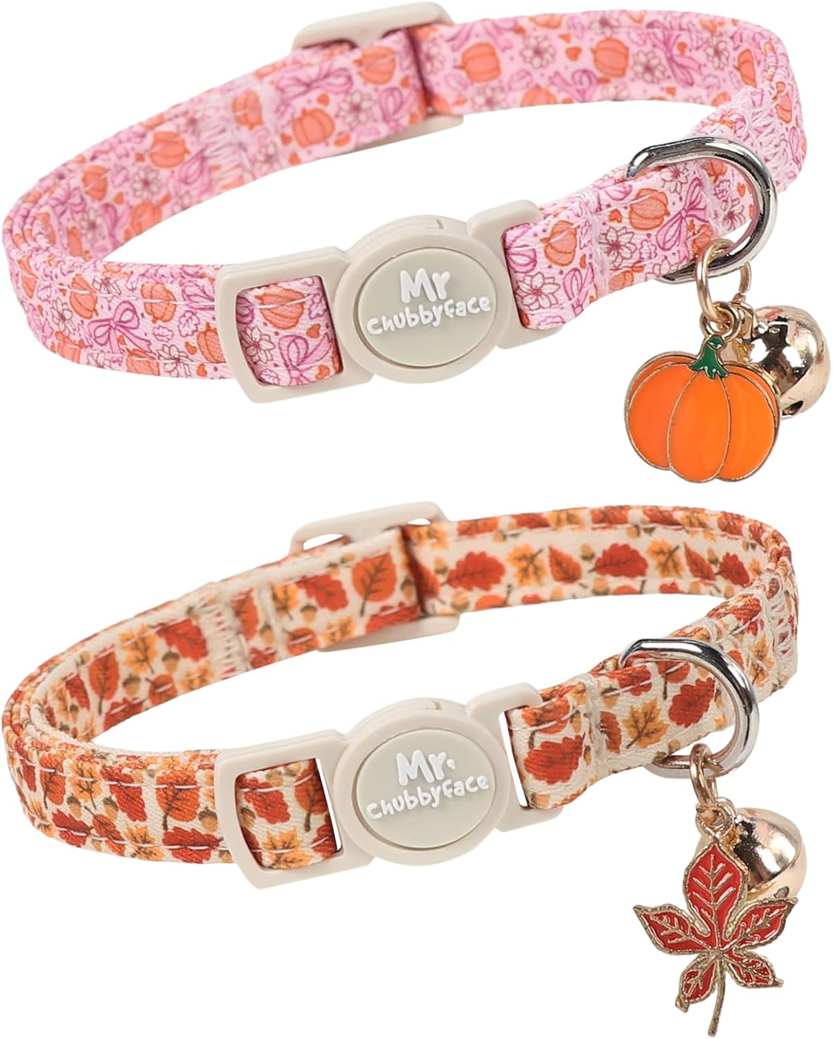·MR. CHUBBYFACE· 2 Pack Fall Cat Collar, Maple& Cute Pumpkin Pattern Kitten Collar, Adjustable Soft Halloween Fall Acorns& Pumpkin Kitty Collar for Boy&Girl