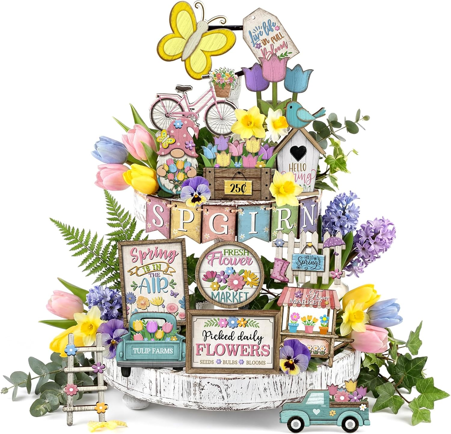 24 Pcs Spring Flower Tiered Tray Decoration Set Farmhouse Tulips Floral Wooden Sign Rustic Spring Table Centerpieces Tulips Tiered Tray Decor for Home Shelf Kitchen Tabletop