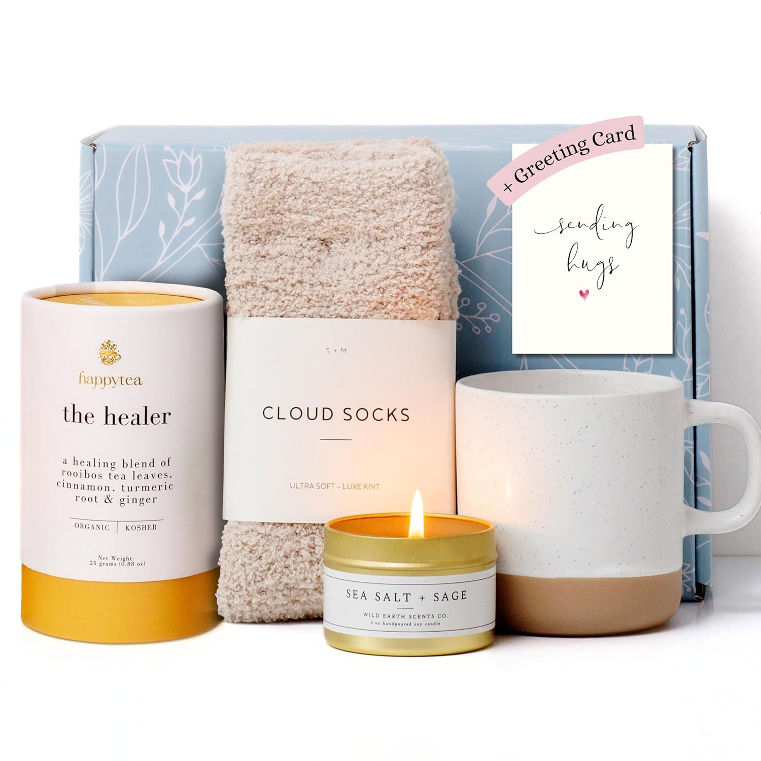 Unboxme Get Well Gift Box - USDA Organic Get Well Soon Self Care Package for Women | Fluffy Socks, Mug, Lemon & Ginger Tea Set, Sea Salt, Sage Scented Candle, Sending Hugs Card | Feel Better Basket