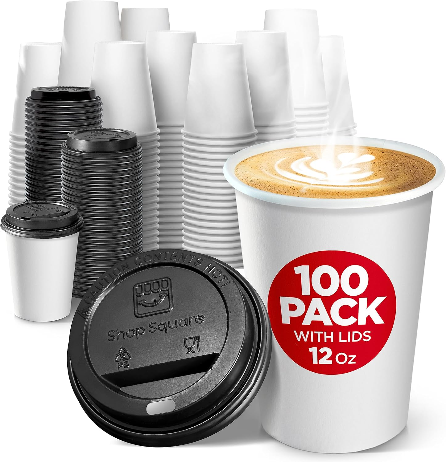 Disposable Coffee Cups with Lids 12 Oz (100 Pack) - to Go Cups for Hot & Cold Drinks, Tea, Hot Chocolate, Water - Poly-Coated for No Condensation with Rolled Edge - Coffee Cup Bundle