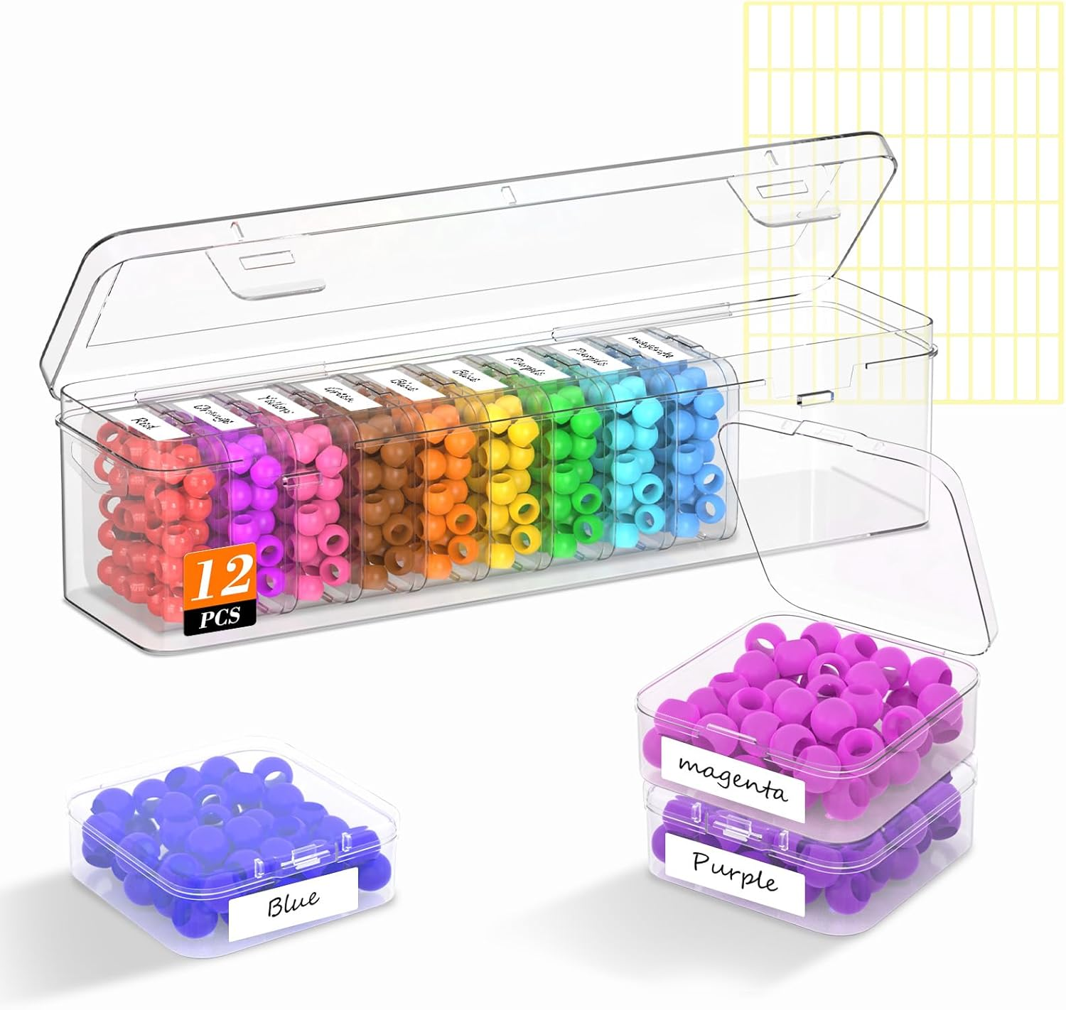 Bead Organizer Box, 12 PCS Clear Plastic Storage Containers Features Hinged Lid and Labels, Craft Storage Box for Jewelry, Diamonds, Clay Beads, Bracelets, Screws, Seeds, Small Parts