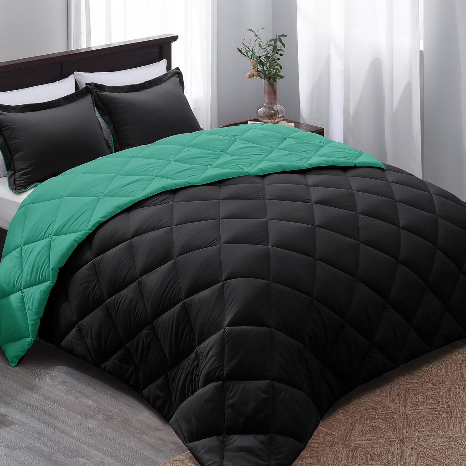 Queen Comforter Set - Green Comforter Set Queen, Reversible Bed Comforter Queen Set for All Seasons, Black/Mint Leaf, 1 Comforter (88
