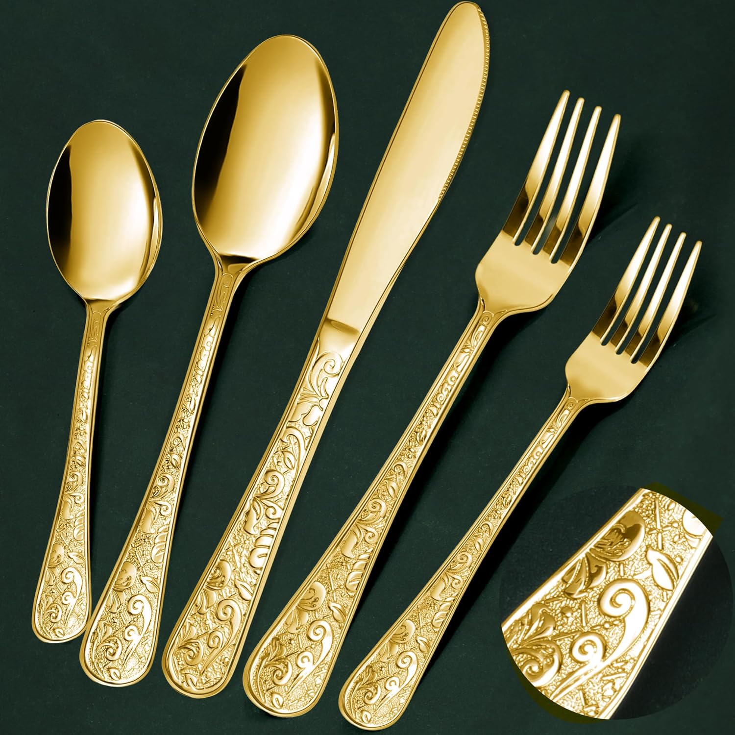 40-Piece Vintage Carved Gold Silverware Set for 8, Stainless Steel Flatware Set with Knife/Fork/Spoon, Cutlery Set for Home and Kitchen, Utensil Set with Dishwasher Safe