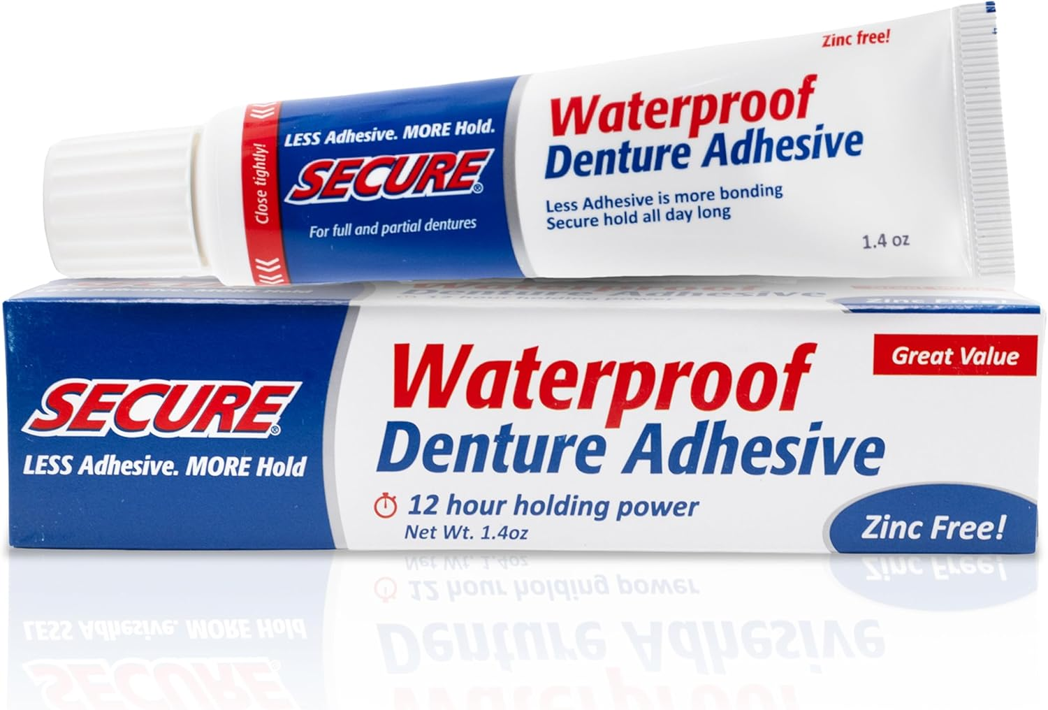 Denture Adhesive Cream for Uppers, Lowers & Partials – Waterproof Seal & Zinc Free – Food Grade Ingredients - Less Adhesive, More Hold - Tube Lasts up to 8 Weeks - 1.4 Oz