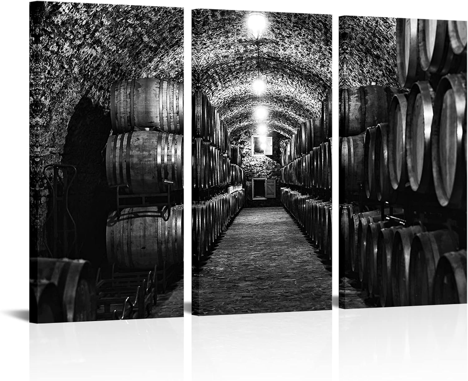 Large 3 Piece Whiskey Cellar Canvas Wall Art Black and White Wooden Barrels Picture Painting for Modern Home Kichen Restaurant Decor Stretched and Framed Ready to Hang 16