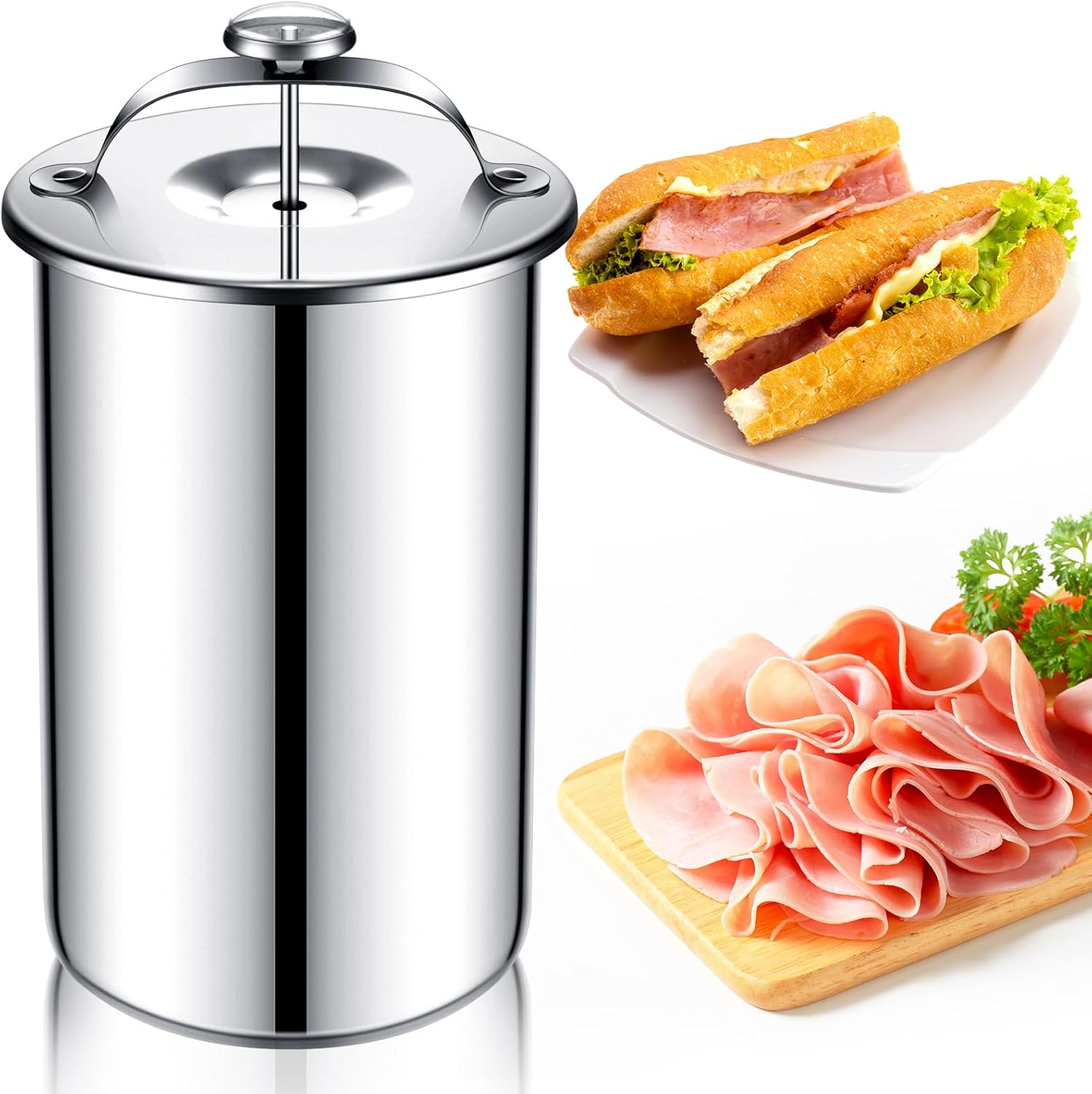 1 Piece Meat Press Maker with Thermometer Stainless Steel Ham Deli Meat Bacon Sandwich Press Maker for Making Homemade Healthy Deli Seafood Poultry Patty Cooking Tool