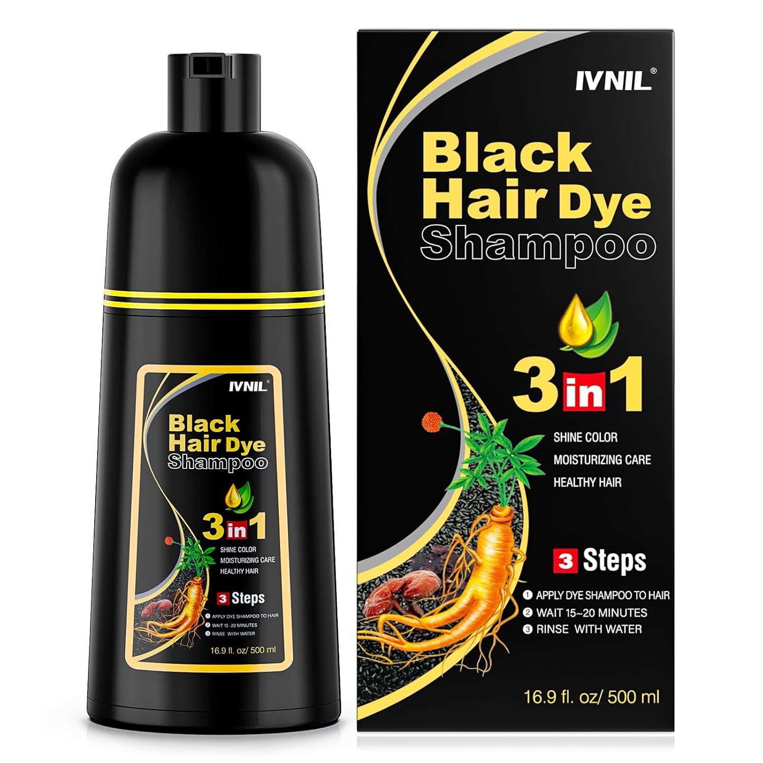 Ivnil Black Hair Dye Shampoo 3 in 1 Semi Permanent Hair Color Shampoo for Women & Men for Gray Hair Coverage, Natural Herbal Ingredients Shampoo Para Pintar El Cabello