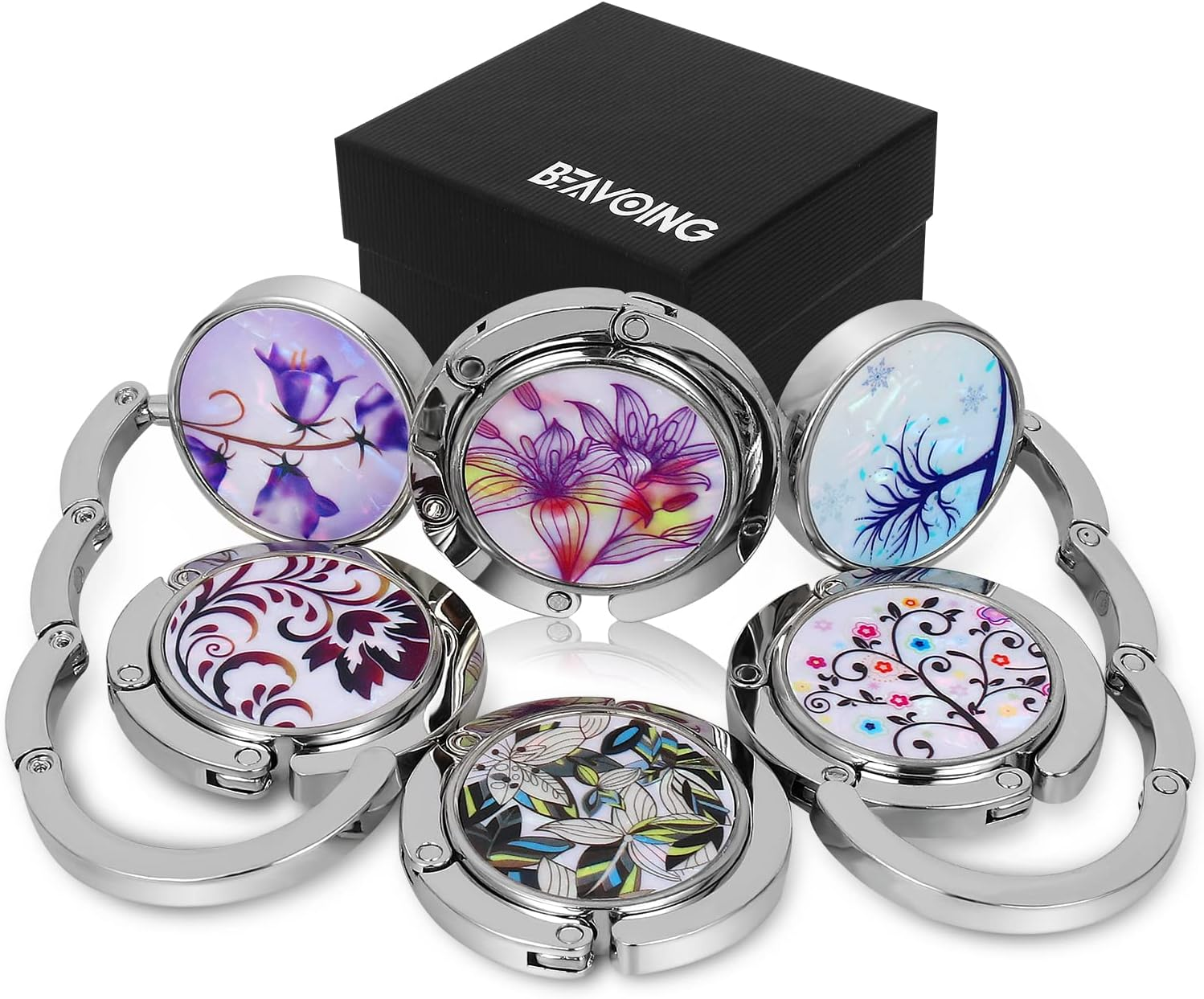 Purse Hanger, Foldable Purse Hook Set of 6 Mixed Pattern Purse Table Hanger Womens Bag Purse Holder for Desk Tables