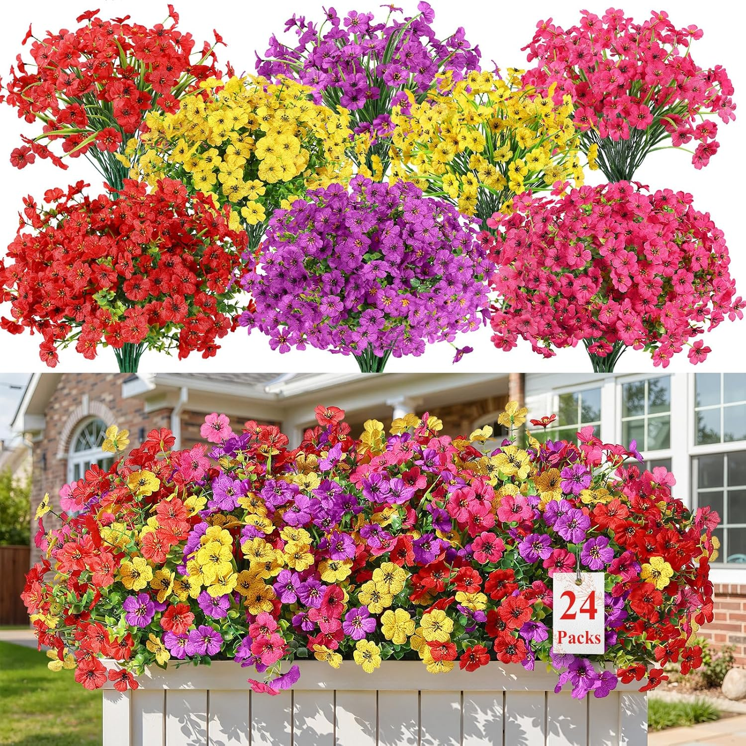 24 Bundles Artificial Flowers for Outdoors Decoration, UV Resistant Silk Faux Daisy Spring Fake Plastic Plants Greenery for outside Indoor Garden Yard Home Window Box Decor, Mix 4 Colors