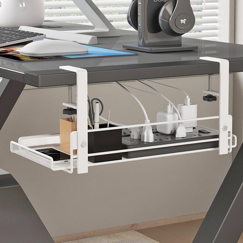Under Desk Cable Management Tray No Drill, Under-Desk Cable Organiser for Cord Management, Ultra-Rugged Desktop Cable Rack with Clips, Standing Desktop Cable Manager (14.3 In. Tray) (White)