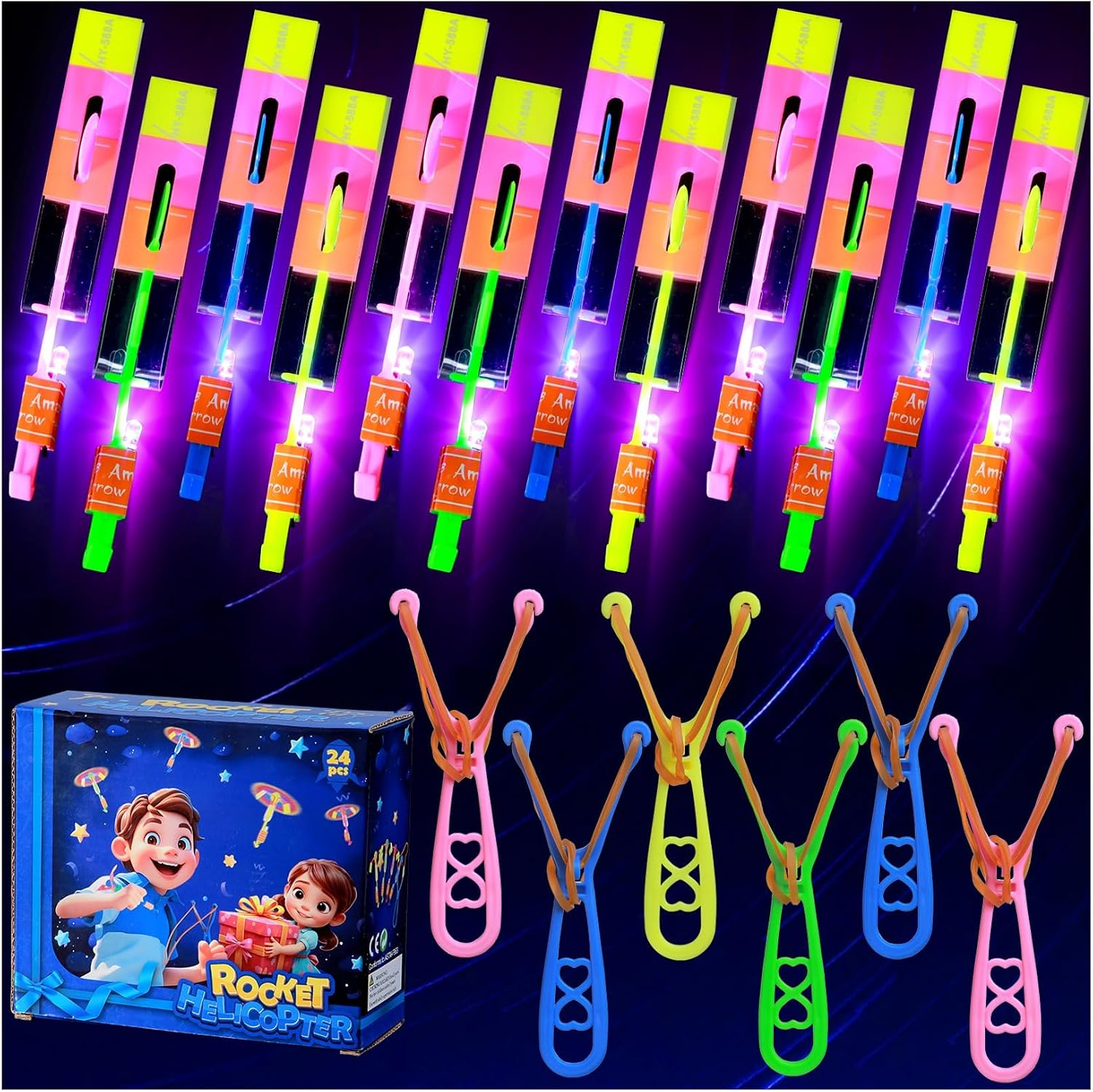 24 Sets LED Flying Set, 24 Slingshot+24 Glow Helicopter-48 Pcs, Flying Toy Outdoor Toys Glow in the Dark Party Supplies Party Favors for Kids 8-12,4-8