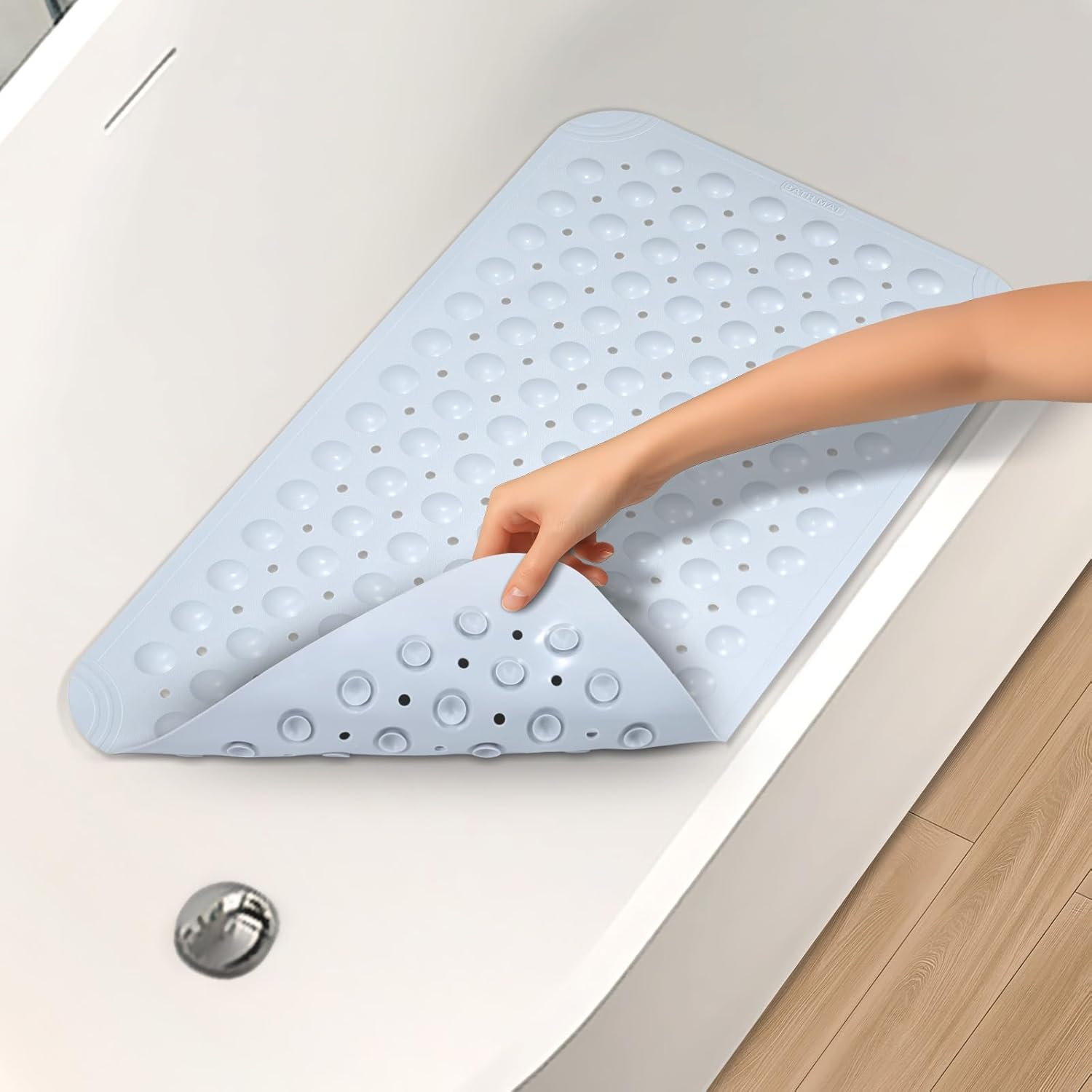 Non Slip Shower Mats for inside Shower 15 X 27.5 Inch, TPE Bathtub Mat Non-Slip, Bath Mat for Tub with Suction Cups, Drain Holes Bath Tub Mat for Bathroom, Light Gray