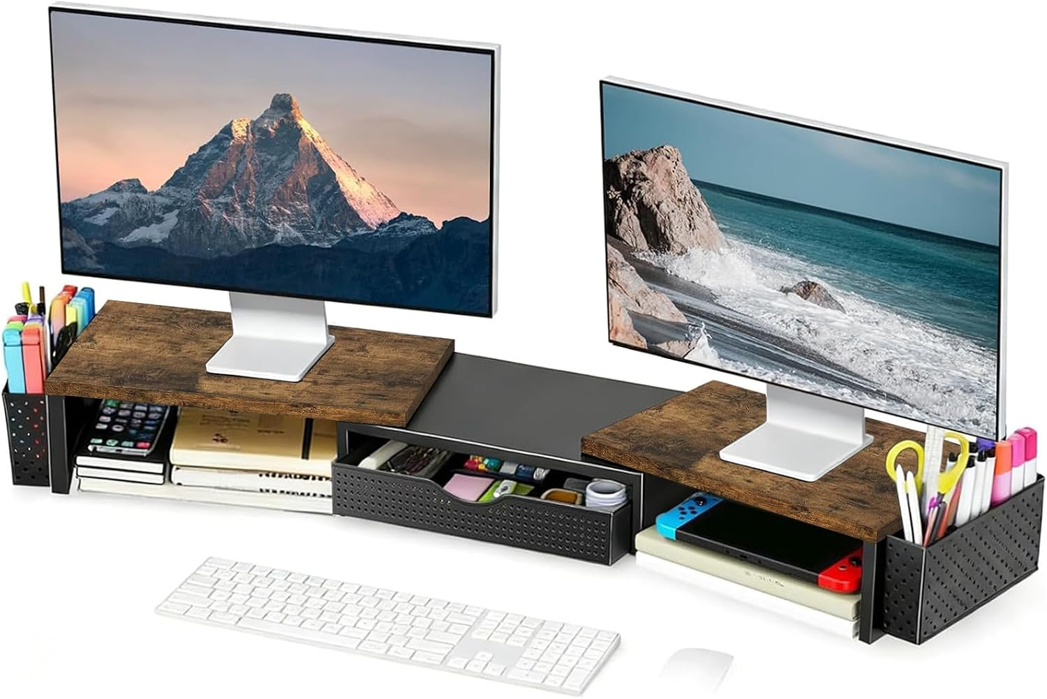 Wood Dual Monitor Stand Riser with Drawer and 2 Pen Holders