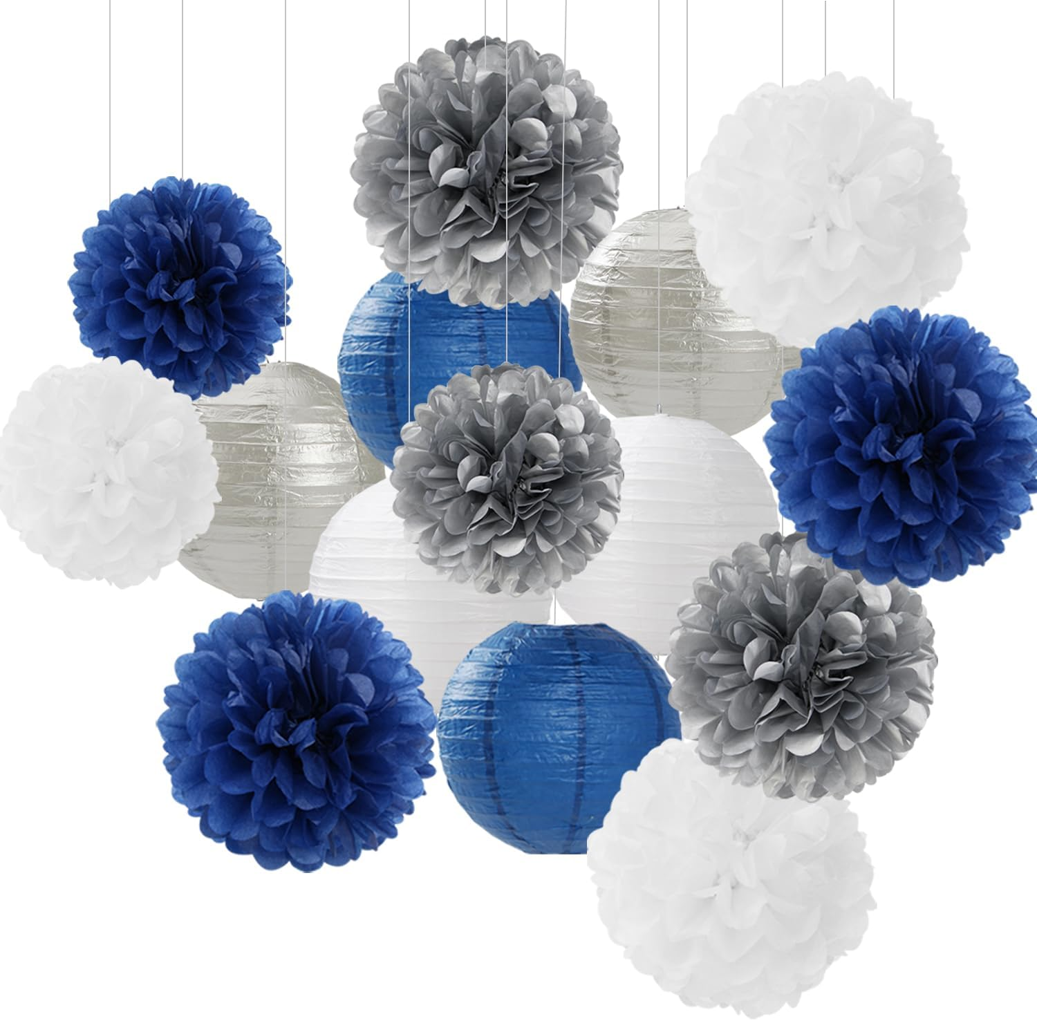 Navy-Blue Silver Party-Decorations Paper-Flowers Lanterns - 15PCS Birthday Royal White Wedding Tissue Pom Poms Streamers,Baby Bridal Shower Bachelorette Graduation Hanging Supplies Decor