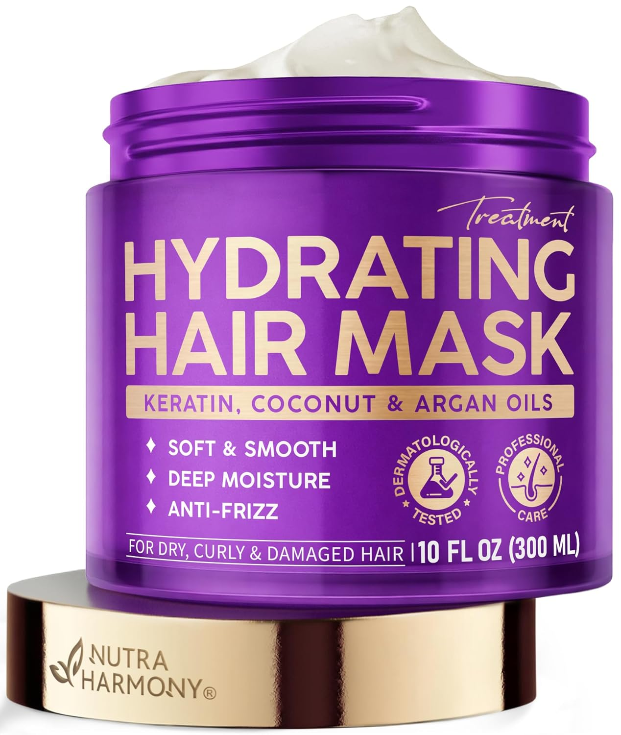 Hydrating Hair Mask - Deep Conditioning Treatment for Dry, Frizzy & Damaged Hair - Keratin Mask with Coconut & Argan Oils, Collagen & Wheat Protein - Smooths, Softens & Controls Frizz, Curl-Safe, 10Oz