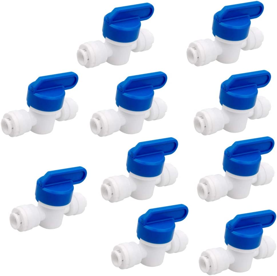 1/4 Inch OD Tubing&Hose&Pipe Use Inline Shut off Ball Valve Plastic Quick Connect Fittings for Water Purifier RODI System (Pack of 10)