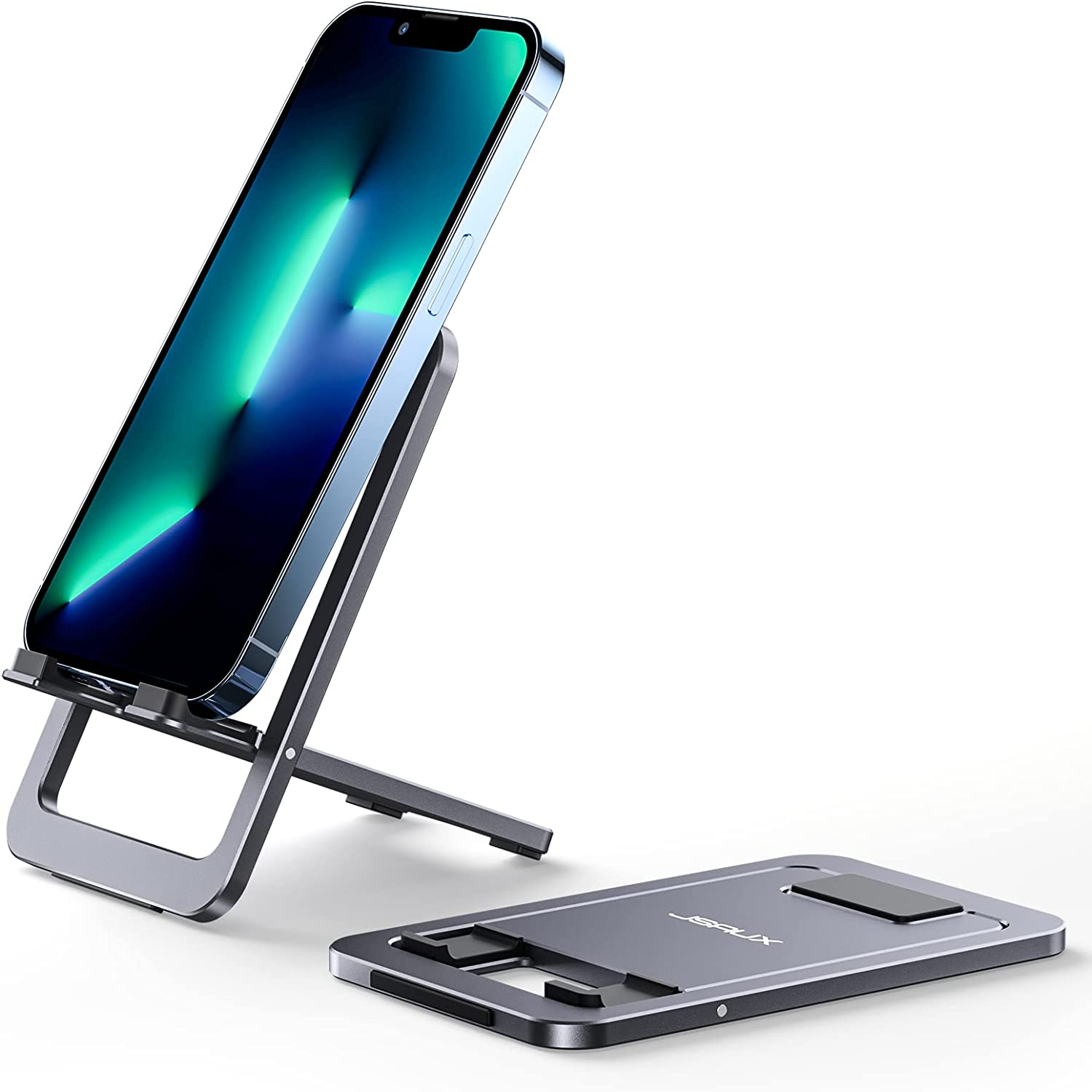 Phone Stand, Foldable Cell Phone Holder for Desk, Aluminum Adjustable Cellphone Stand for Plane Travel Essentials, Compatible with iPhone 15 Pro max, Samsung S23 S22, Switch, iPad, Tablet-Grey
