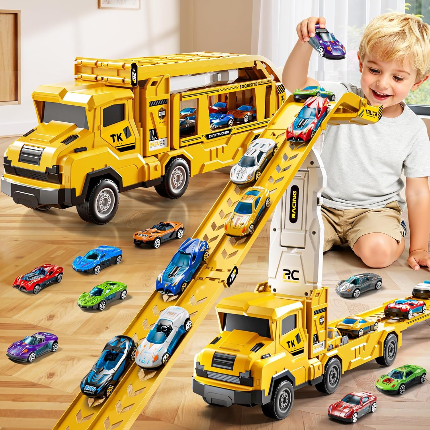 Toddler Car Truck Toys for 3 4 5 6 7 8 Years Old Boys, Transporter Truck Toy Track Set with 12 Die-Cast Car Toys, Toy Gifts for 3 4 5 6 Year Old Boys Kids