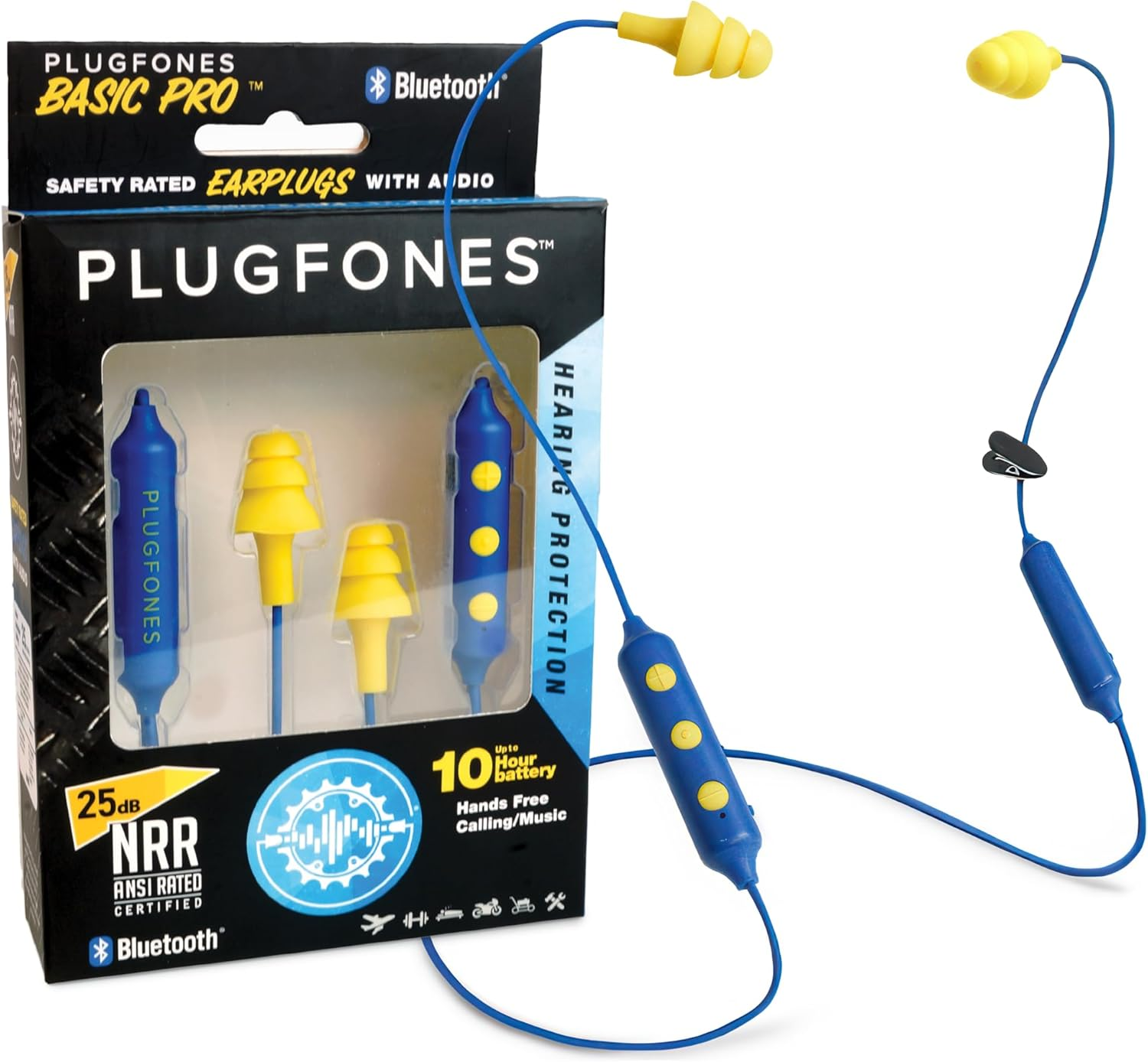 Plugfones Basic Pro Earplug Headphones Wireless Bluetooth In-Ear Earplug Earbuds 25 Db Noise Reduction Rating OSHA Compliant Hearing Protection with Noise Isolating Mic and Controls (Blue & Yellow)
