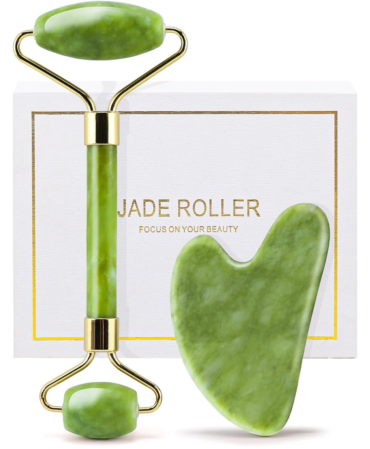 Genuine Jade Roller & Gua Sha Set for Face, Cooling & Firming Effect, Sculpting Tool for Jawline & Skin Care, Self-Care Gift for Women & Men
