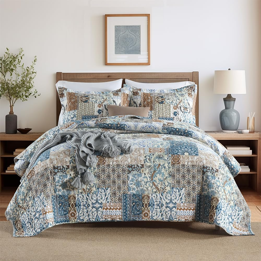 Cotton Bedspread Quilt Bedding Sets Reversible Coverlet Comforters Blue Bohemian Rustic Floral Patchwork Pattern Bedspread for All Season,King Size