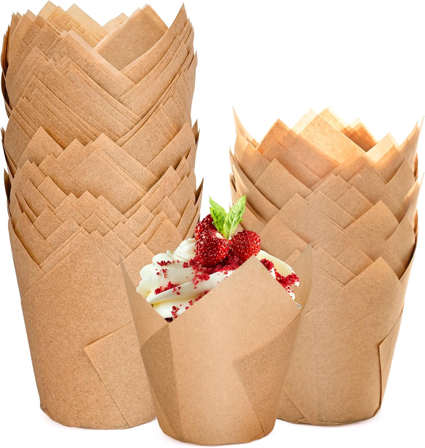 200pcs Natural Tulip Cupcake Liners, Premium Muffin Liners Holders for Baking Cups, Greaseproof Cupcake Wrappers in Standard Size, Classic Parchment Paper Cupcakes Liner by