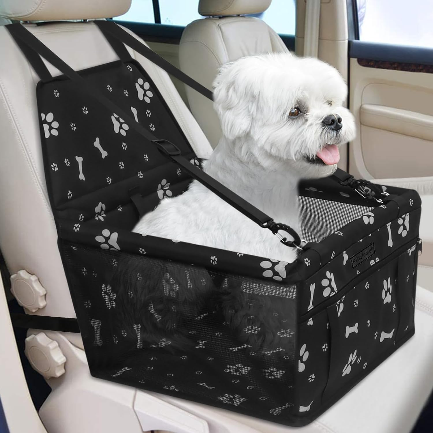 Petshome Dog Car Seat, Foldable Dog Car Booster Seat Waterproof Breathable Oxford Travel Bag for Small to Medium Dogs, Puppies, and Pets-Pattern Black