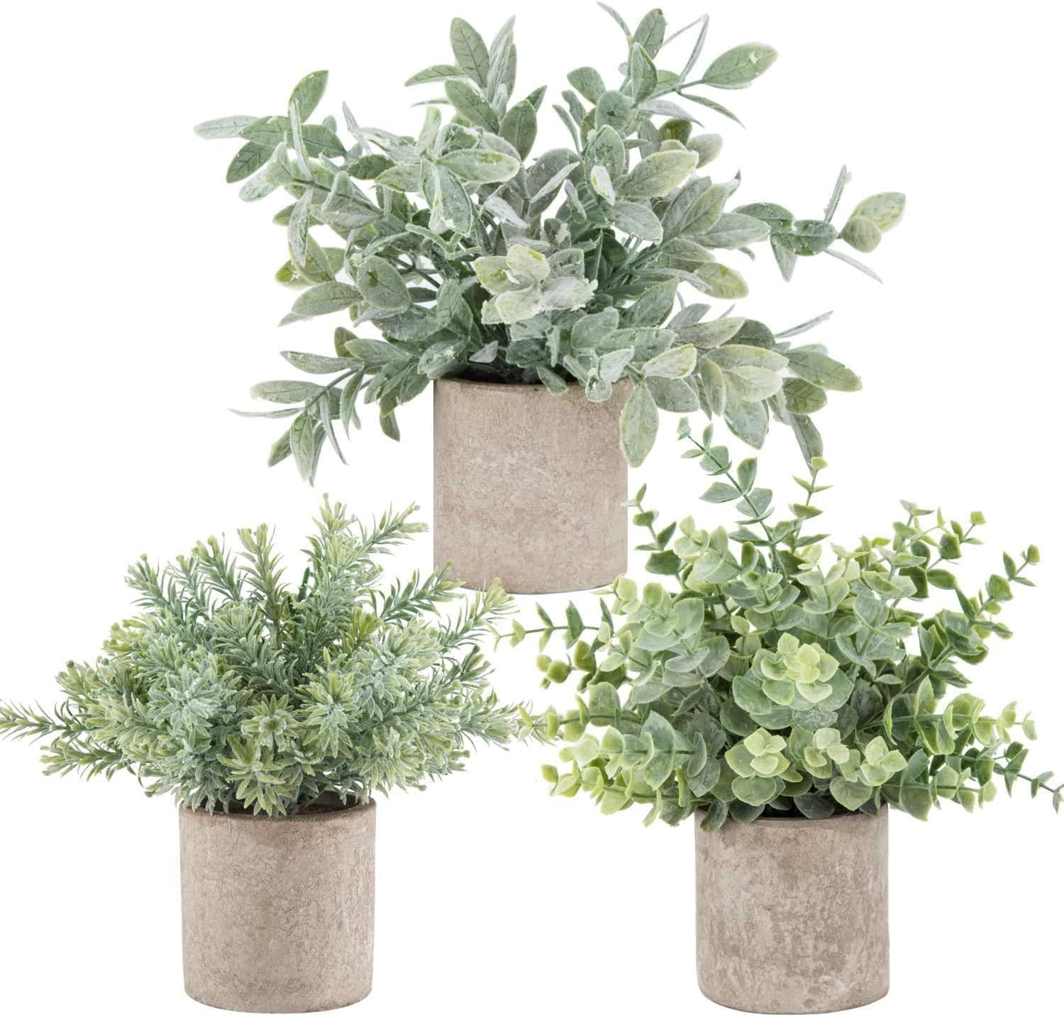 3 Pack Mini Potted Fake Plants Artificial Plastic Eucalyptus Plants Topiaries for Home Office Desk Farmhouse Room Bathroom Decor