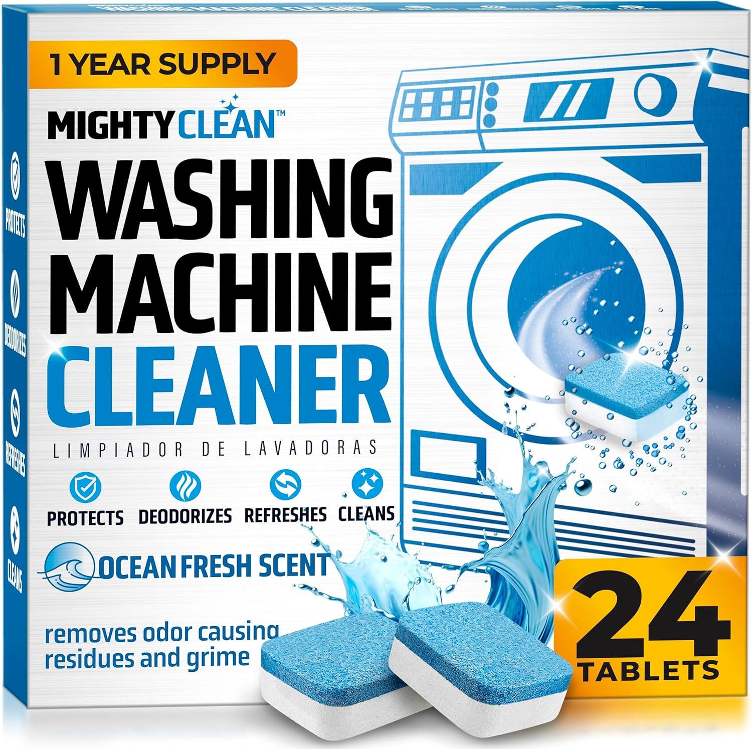 Washing Machine Cleaner Tablets 24 Pack - 1 Year Supply, Septic Safe Washing Machine Cleaning Tablets, Washer Cleaner Tablet, Works with All Washers Including HE