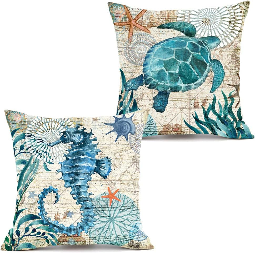 Ocean Theme Decorative Throw Pillow Cover 18X18 Set of 2, Turtle Seahorse Throw Pillows Linen Mediterranean Ocean Coastal Beach Outdoor Pillow Cushion  for Patio Couch Sofa Bed Decor