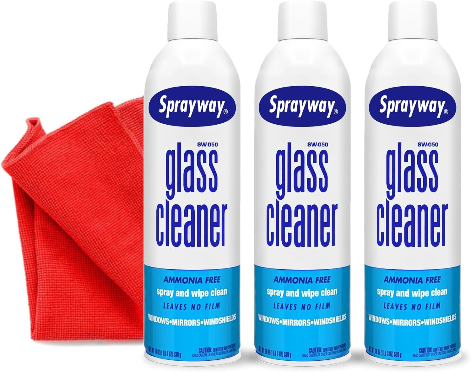3 Pack Sprayway Glass Cleaner W/Microfiber Cleaning Cloth - Streak-Free Shine, Safe Formula, Multi Surface Glass, Door, Mirror & Window Cleaner Foam - 19 Oz