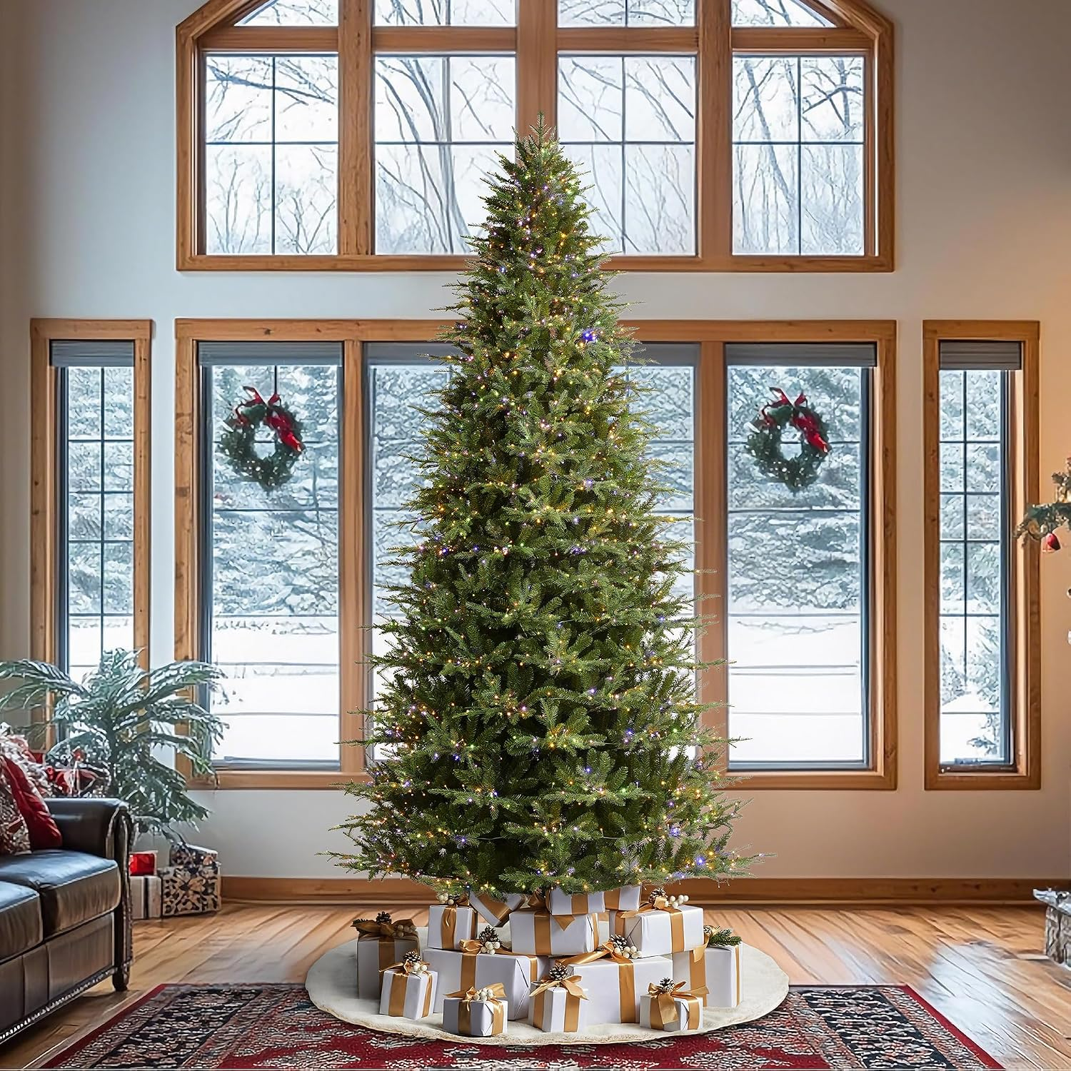 Glitzhome 11Ft Prelit Artificial Christmas Tree, Majestic Evergreen Fir Hinged Holiday Tree with 3200 Warm White/Multi-Color Chasing and Twinkling Lights, 6403 Tips, 9 Function W/Foot Pedal,Easy Setup