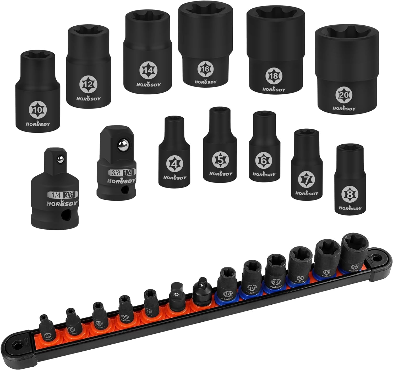 E-Torx Socket Set 13-Piece External Socket Set | 11-Piece Female E-Torx Sockets (E4-E20) Star Socket Set | 2-Piece Impact Socket Adapter Set