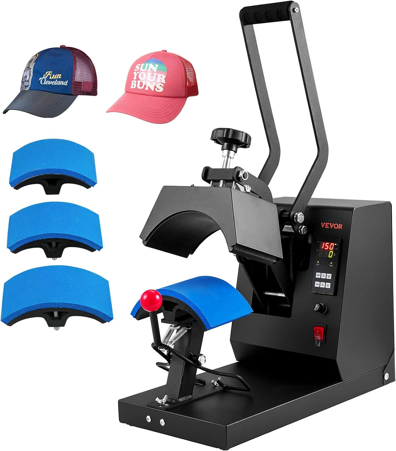 VEVOR 4-In-1 Heat Press Machine for Hats with 6X3Inches Curved Teflon-Coated Heat Plate, Easy Temperature Control Non-Slip Base, Four Replaceable Elements 6X3/6.7X2.7/6.7X3.8/8.1X3.5Inches