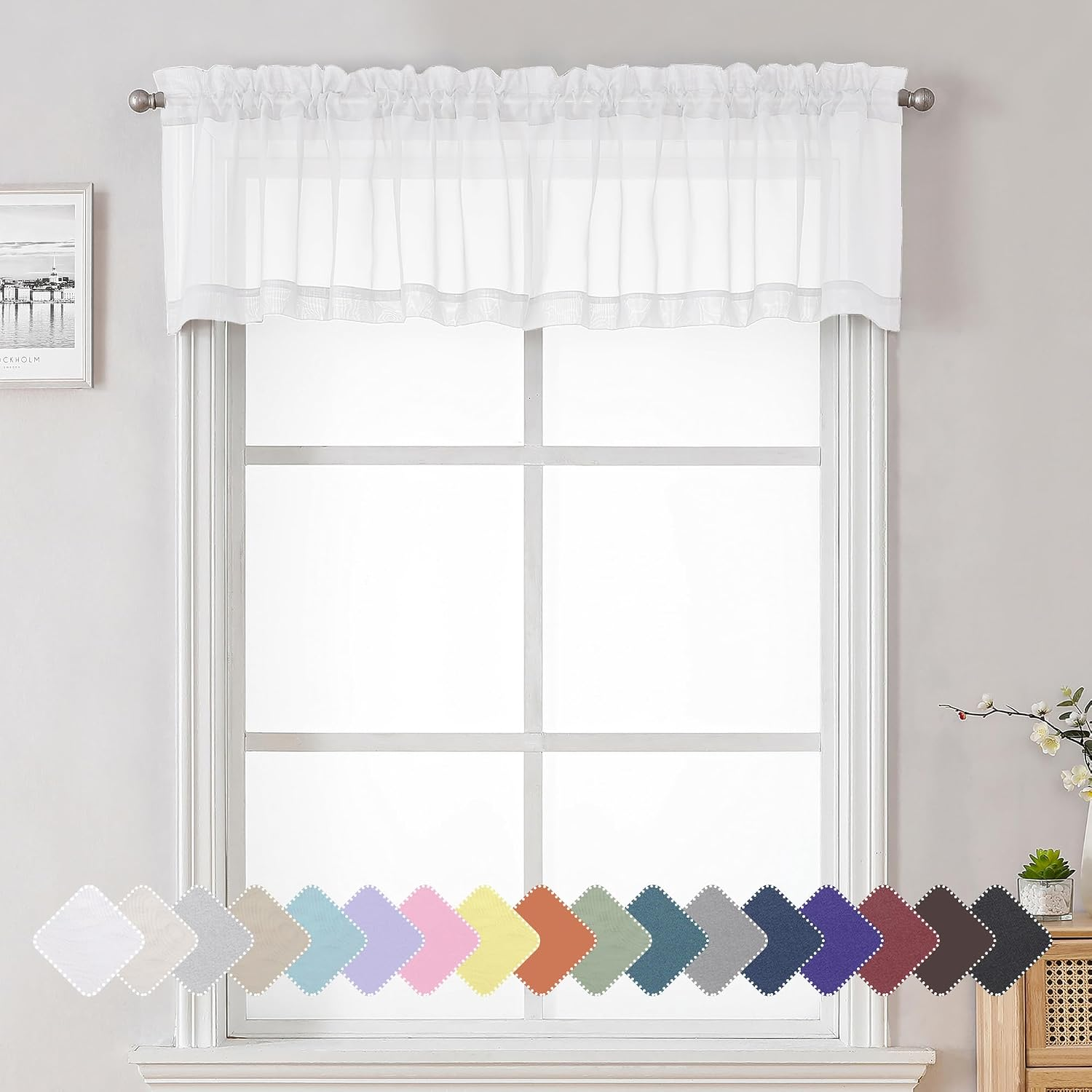 Sheer White Curtains 14 Inch Length 2 Pieces, Light Filtering Voile Cafe Kitchen Valance with Dual Rod Pockets, Bedroom Living Room Sheer Short Curtains for Small Window Decor, 40" Wx14 L