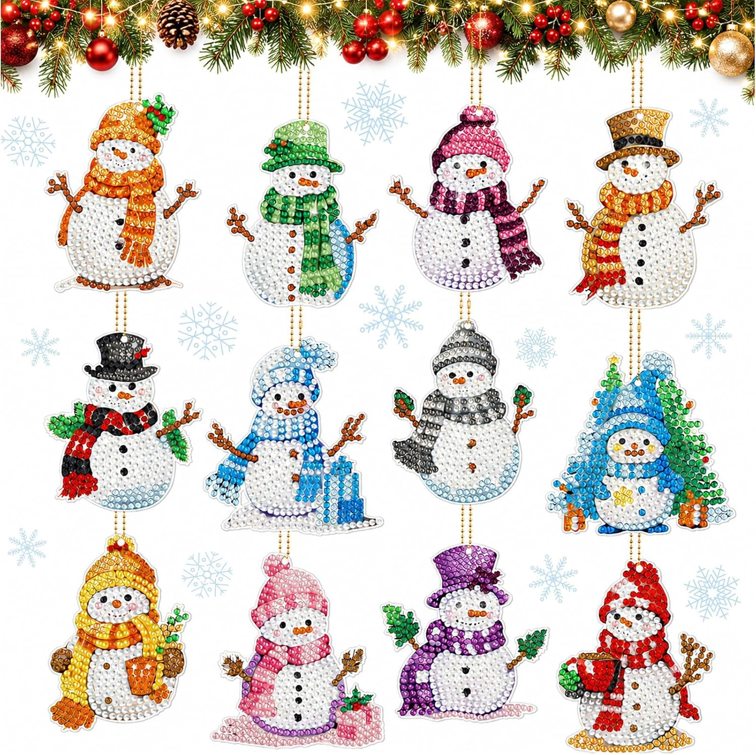 Ferraycle 12 Pcs Snowman Diamond Art Christmas Ornaments Kit, Multicolor