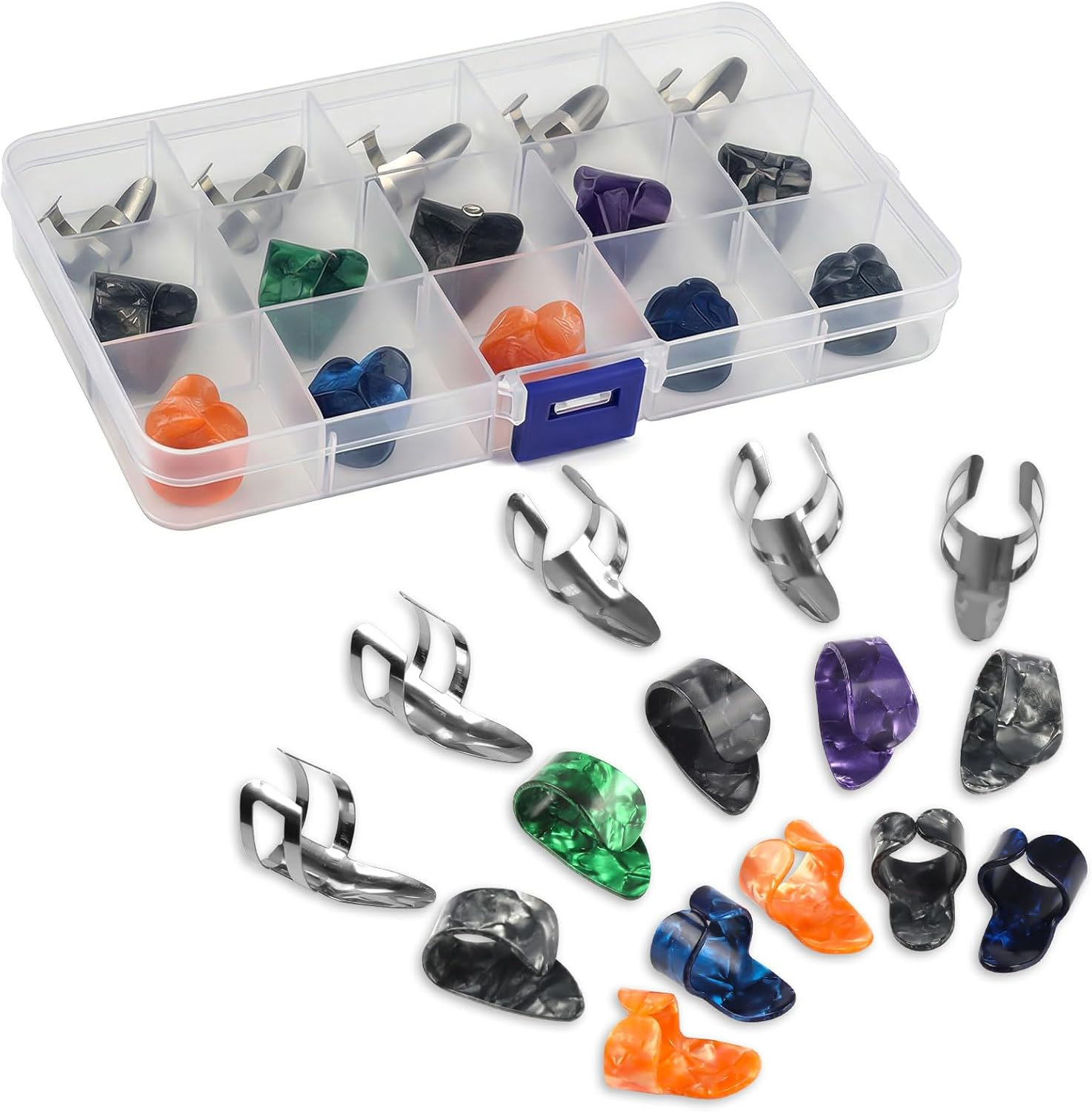 15Pcs Finger Pick Metal Thumb Pick Set Guitar Picks with 15 Grid Case Storage Box