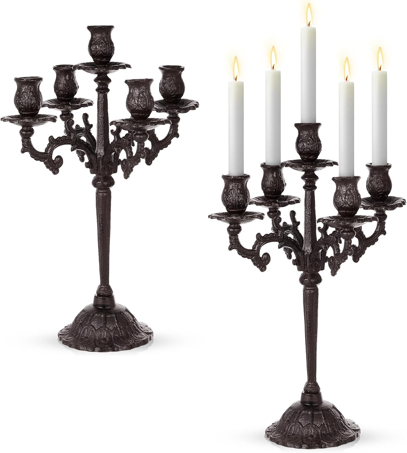 2 Pcs 5 Arm Black Candelabra 16.7" Tall Cast Iron Vintage | Gothic Candle Holders for Table Centerpieces, Decorative Candlestick Stand for Halloween Wedding Christmas Party Events
