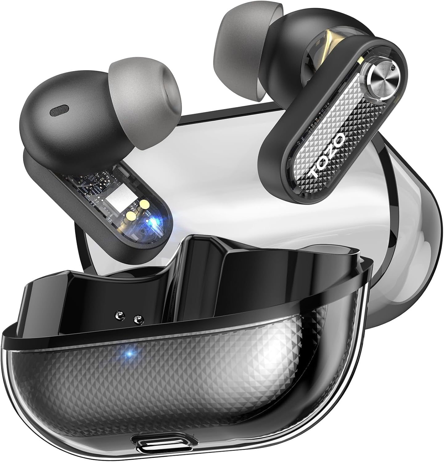 TOZO Hybrid Active Noise Cancelling Wireless Earbuds, 10Mm Drivers Deep Bass Stereo Sound, 4 Mics Smart ENC AI Calls, 32 EQ Customization via App, Bluetooth 5.4 Headphones, Crystal Case Design