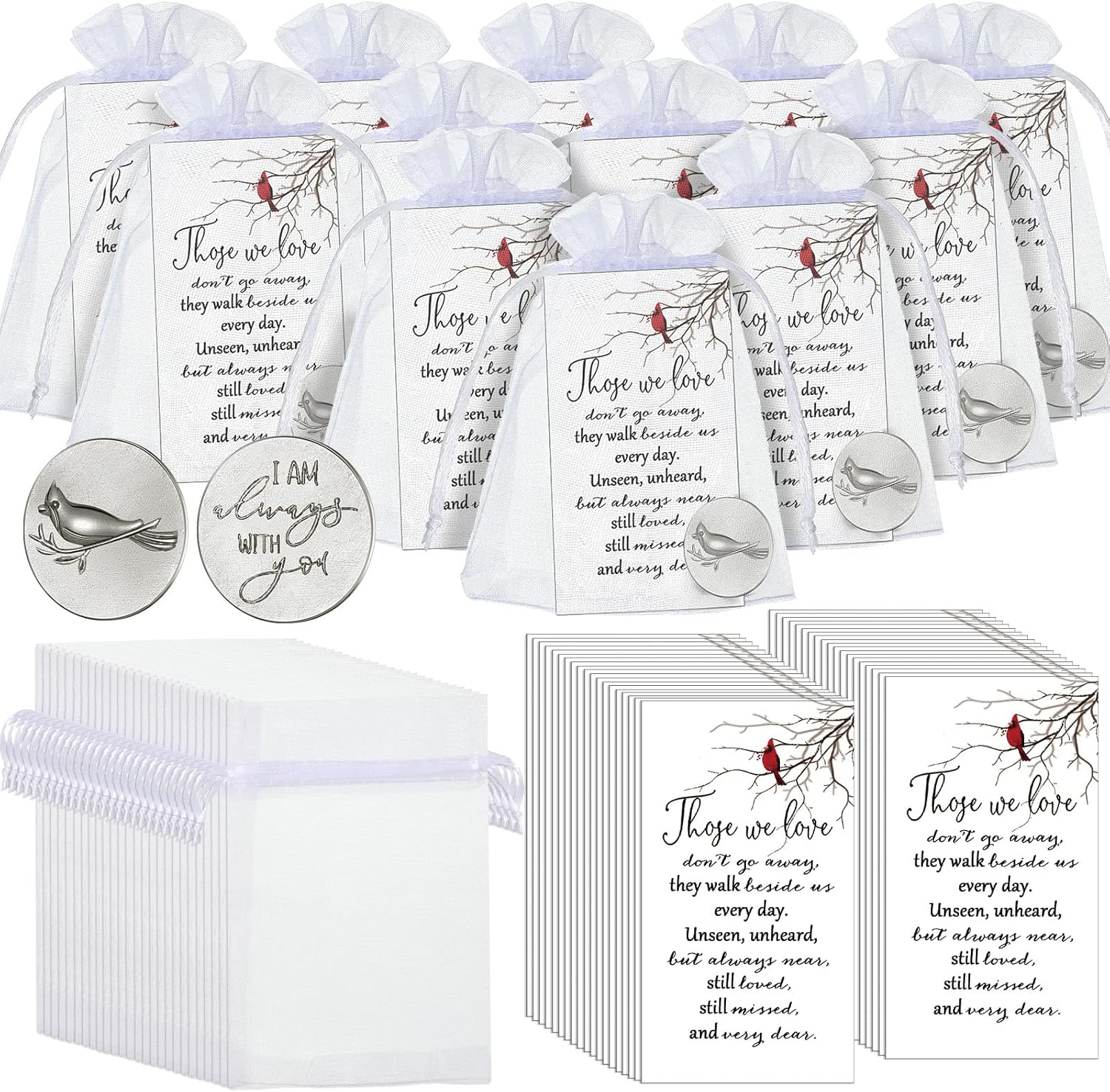 50 Set Cardinal Memorial Coins Angel Sign Gifts Set Include Cardinal Funeral Pocket Token Memorial Sign Poem Cards and White Organza Bags for Angel Charms Wedding Funeral Memory Presents Family