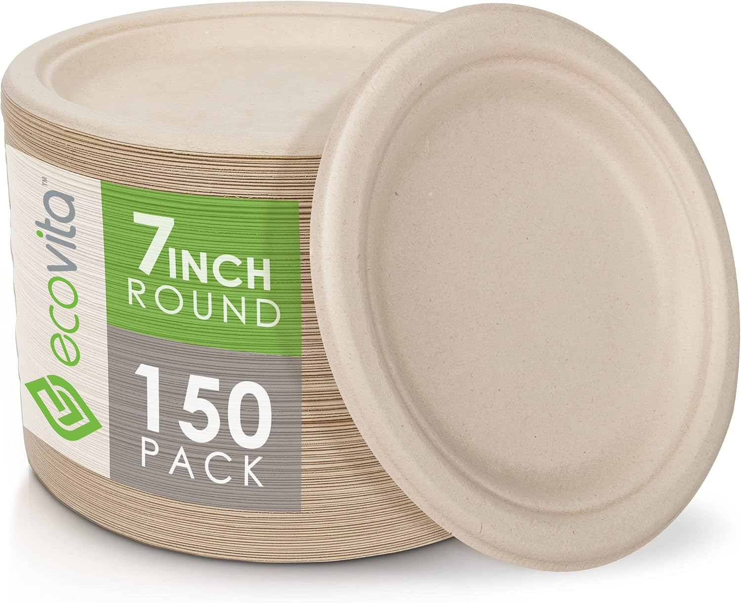 Ecovita 100% Compostable Paper Plates [7 In.] – 150 Disposable Plates Eco Friendly Sturdy Tree Free Liquid and Heat Resistant Alternative to Plastic or Paper Plates