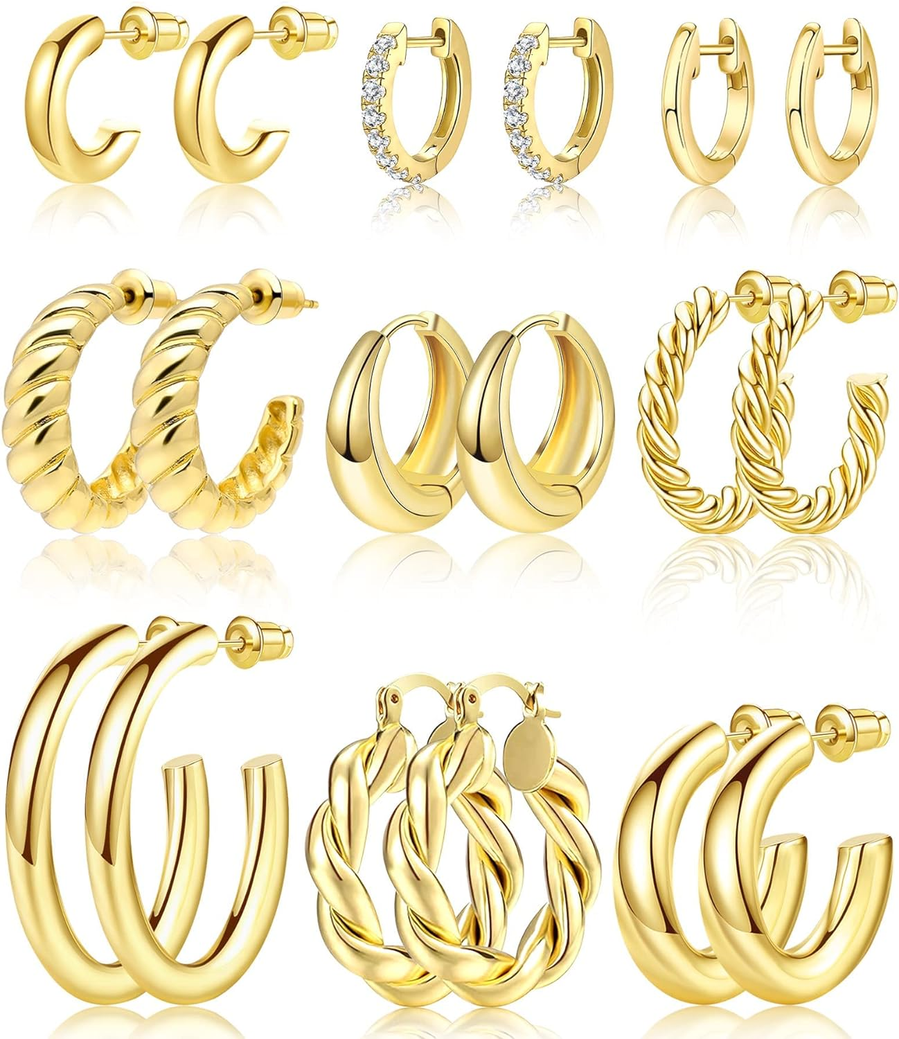 Adoyi 9 Pairs Gold Hoop Earrings Set for Womens Gold Twisted Huggie Hoops 