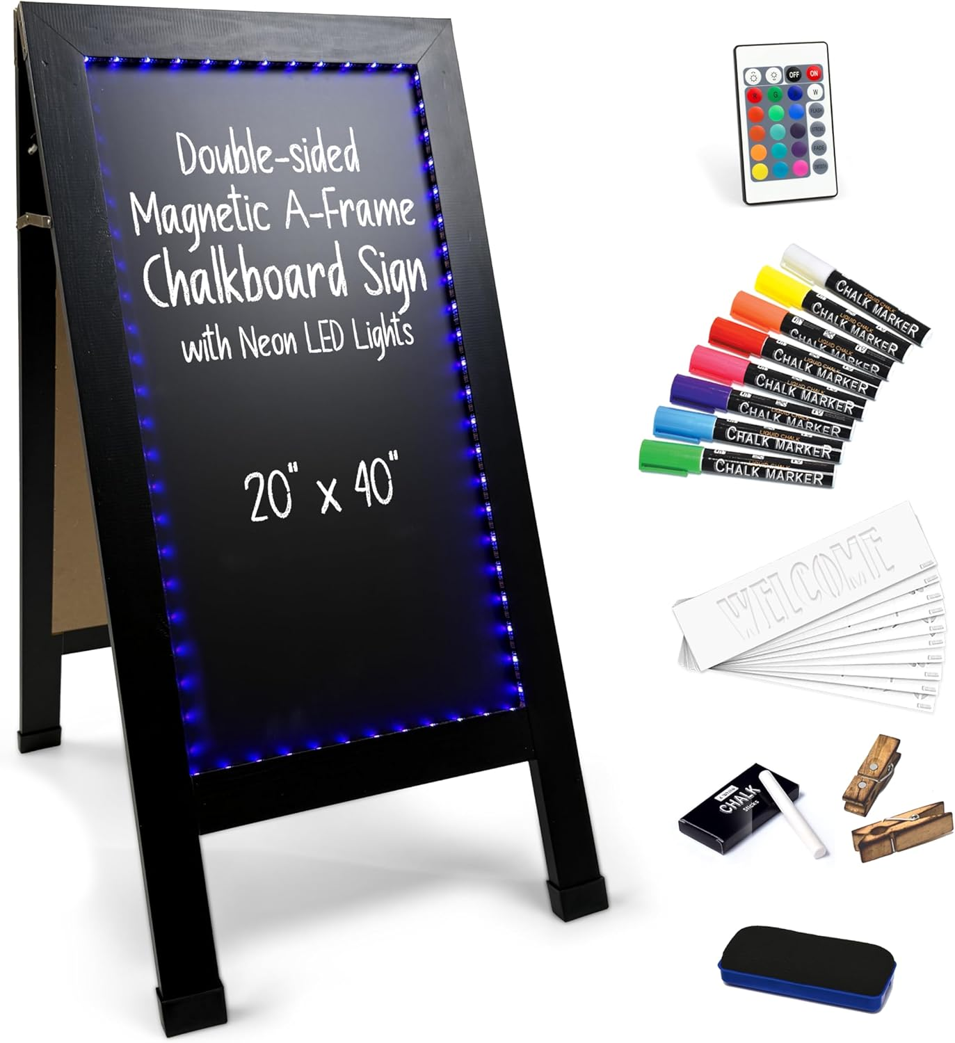 Magnetic A-Frame Chalkboard Sign with Neon LED Lights, Extra Large 20