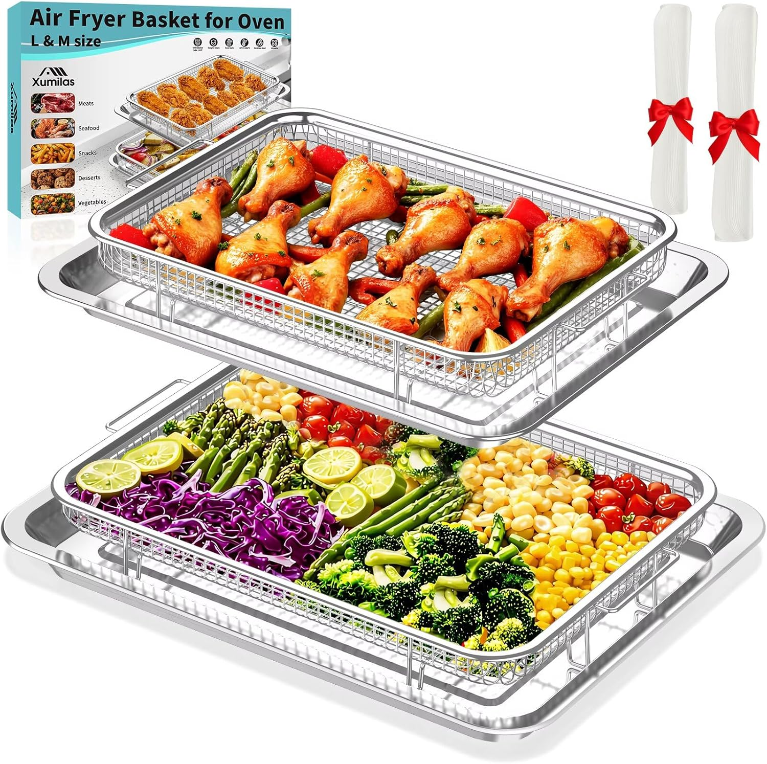 Air Fryer Basket for Oven, 2 Set Stainless Steel Pan & Crisper Tray (15