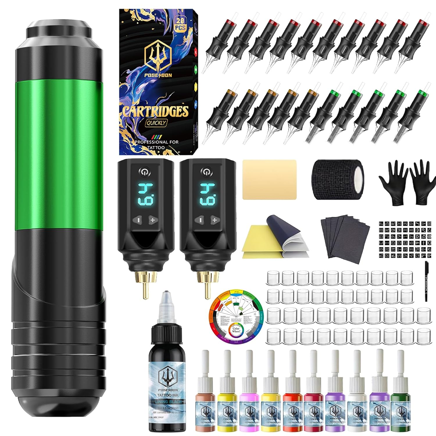 POSEIDON Tattoo Machine Kit with 2 Batteries and 20 Cartridge Needles