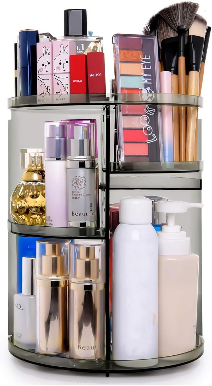 360 Rotating Makeup Organizer, Spinning Skincare Organizer,Cosmetic Display Case with Brush Holder Perfume Tray, Multi-Function Storage Carousel for Vanity Bathroom Countertop