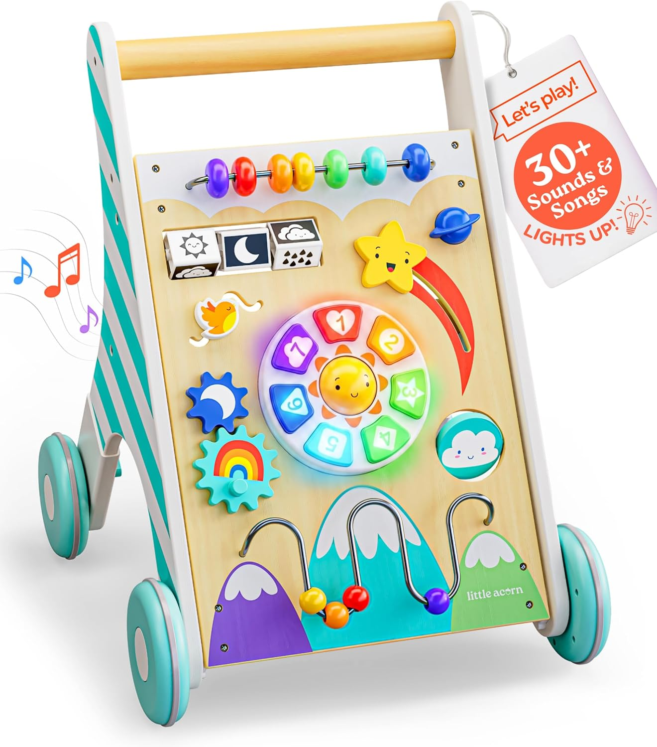 , Wooden Baby Walker with Music & Lights | Adjustable Speed | Sit to Stand 4-In-1 | Montessori Push Walker | Ages 6–18 Months | Gift for 1 Year Old Boys & Girls