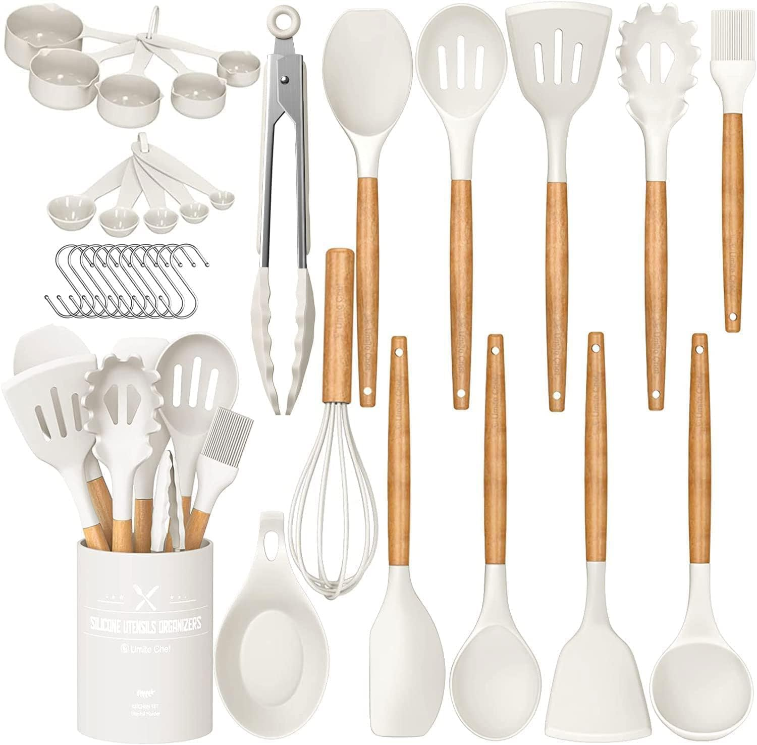 Kitchen Cooking Utensils Set, 33 Pcs Non-Stick Silicone Cooking Kitchen Utensils Spatula Set with Holder, Wooden Handle Silicone Kitchen Gadgets Utensil Set (Cream White)