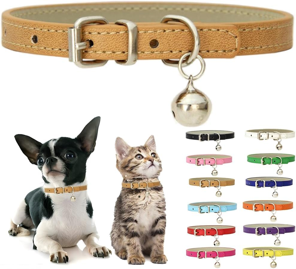 Khaki XXS Dog Collar with Bell, Soft Pu Leather Cat Collars Adjustable Buckle for XS Extra Small Medium Tiny Female Male Boys Girls Pets Puppy Kitten Teacup Yorkie XX-Small
