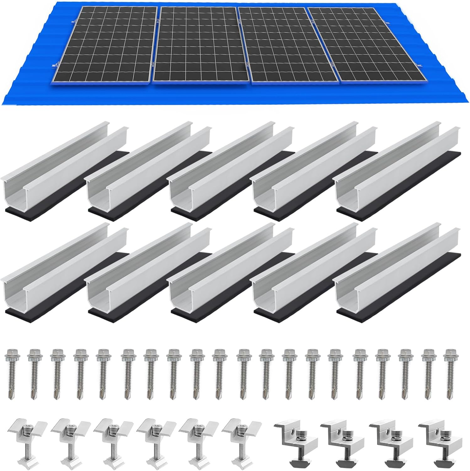 Solar Panel Mounting Brackets, Roof Mount Kit, Rails and Clamps Included for Thickness 1.18”-1.38”, 4Pcs in a Row Assembly on Tin, Flat and Sheet Rooftop, Aluminum Alloy
